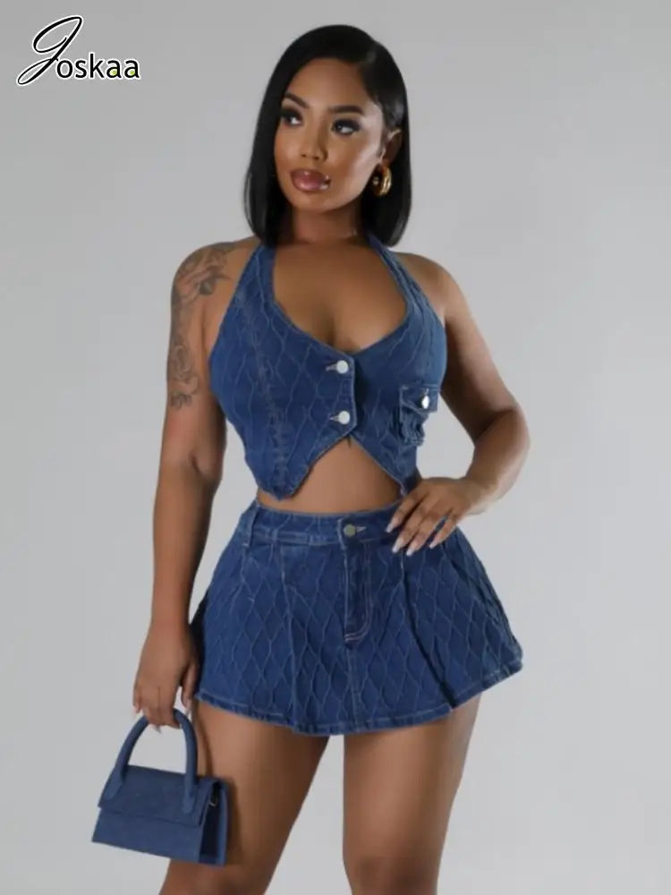 Women's Denim Halter Stretch Irregular Tank Two Piece Set Dark Blue – Side View