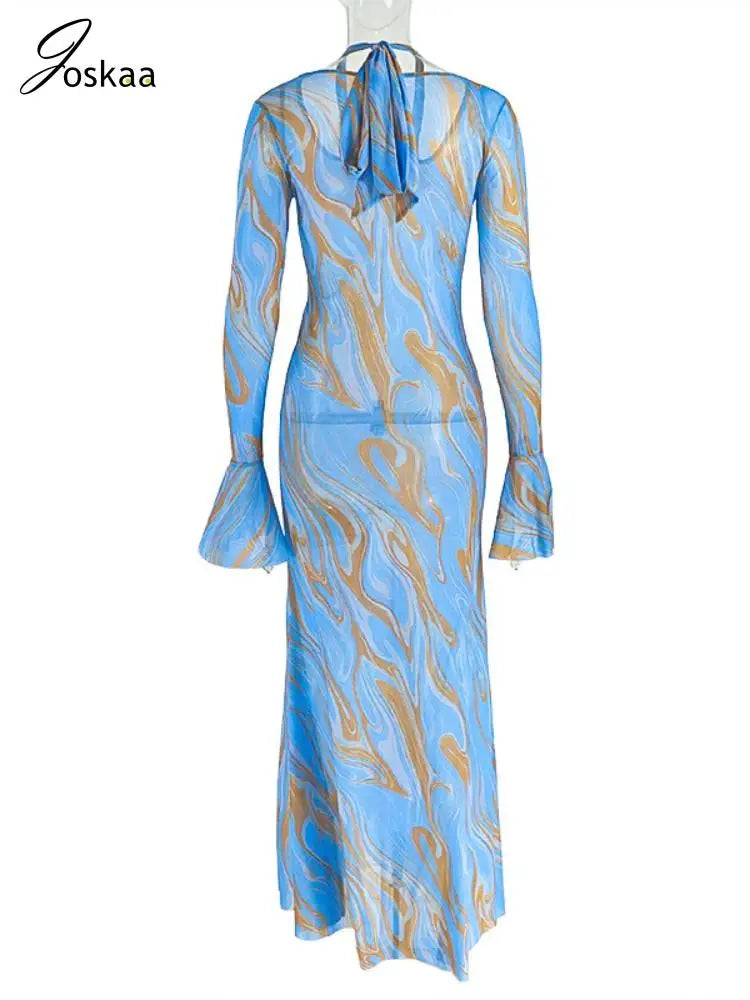 Women's Mesh Long Sleeve Bodycon Maxi Dress Colorful – Detail View