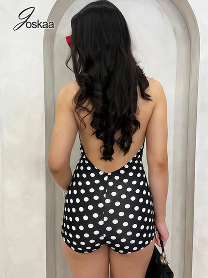 Women's Polka Dot Backless Halter Romper Black – Side View