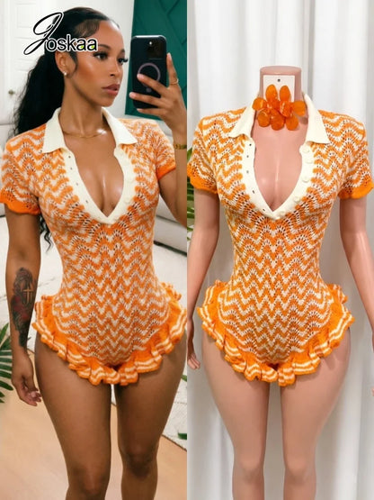 Women's Striped Ribbed Knit Bodycon Romper - Women's Fashion Wholesale - Front View