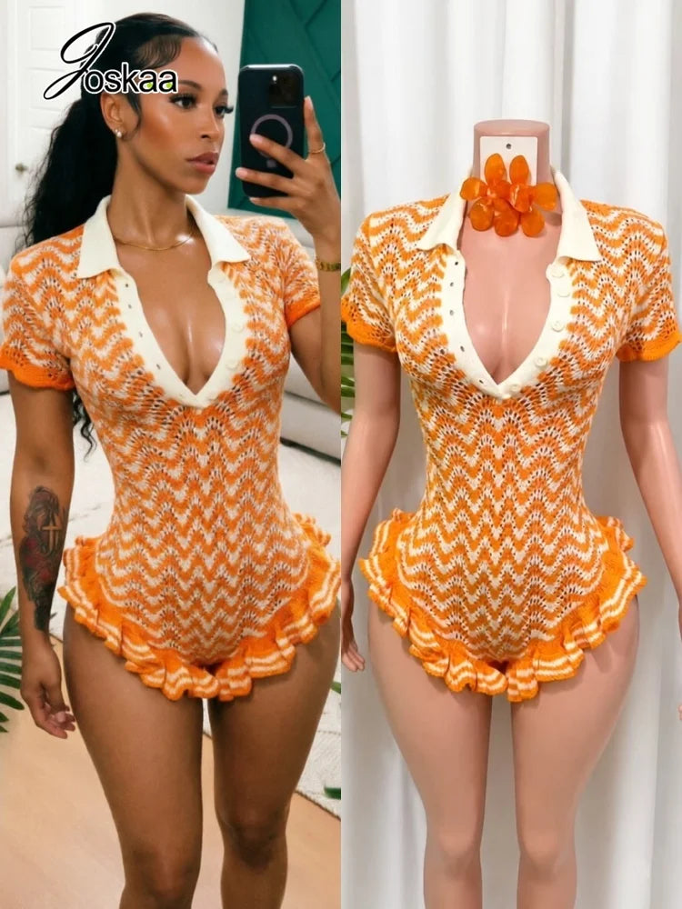 Women's Striped Ribbed Knit Bodycon Romper - Women's Fashion Wholesale - Front View