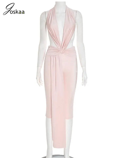 Women's Backless Halter Sleeveless Romper Light Pink – Back View
