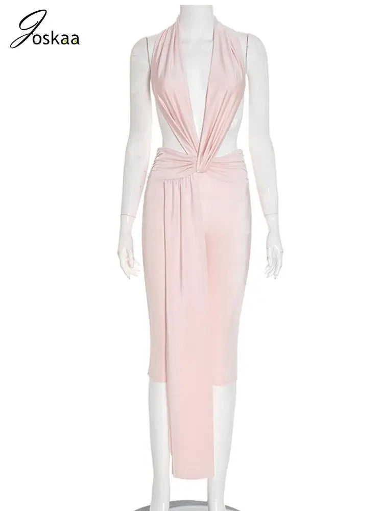 Women's Backless Halter Sleeveless Romper Light Pink – Back View