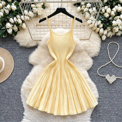 Women's Stripe Knit Sleeveless Ribbed Pleated Dress