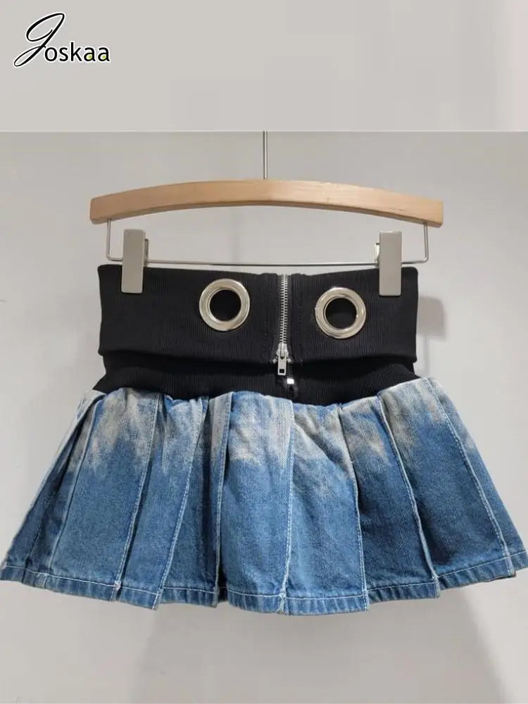 Women's Denim Knit Mini Ribbed Pleated Skirt Blue – Front View