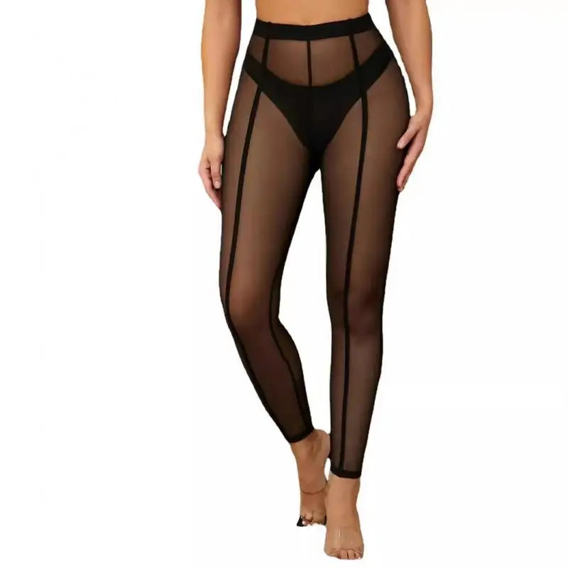 Women's Mesh Bodycon See-through Black Leggings Pants Black – Detail View
