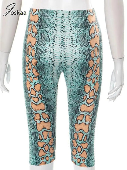 Women's Snake Print Knee Length Elastic Pants Blue – Detail View