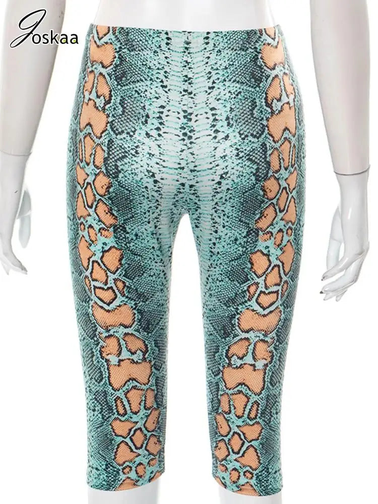 Women's Snake Print Knee Length Elastic Pants Blue – Detail View