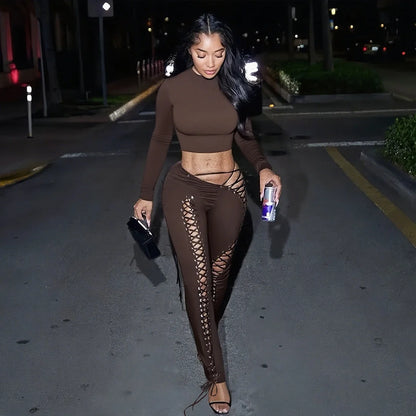 Women's Lace Cutout Long Sleeve Two Piece Set