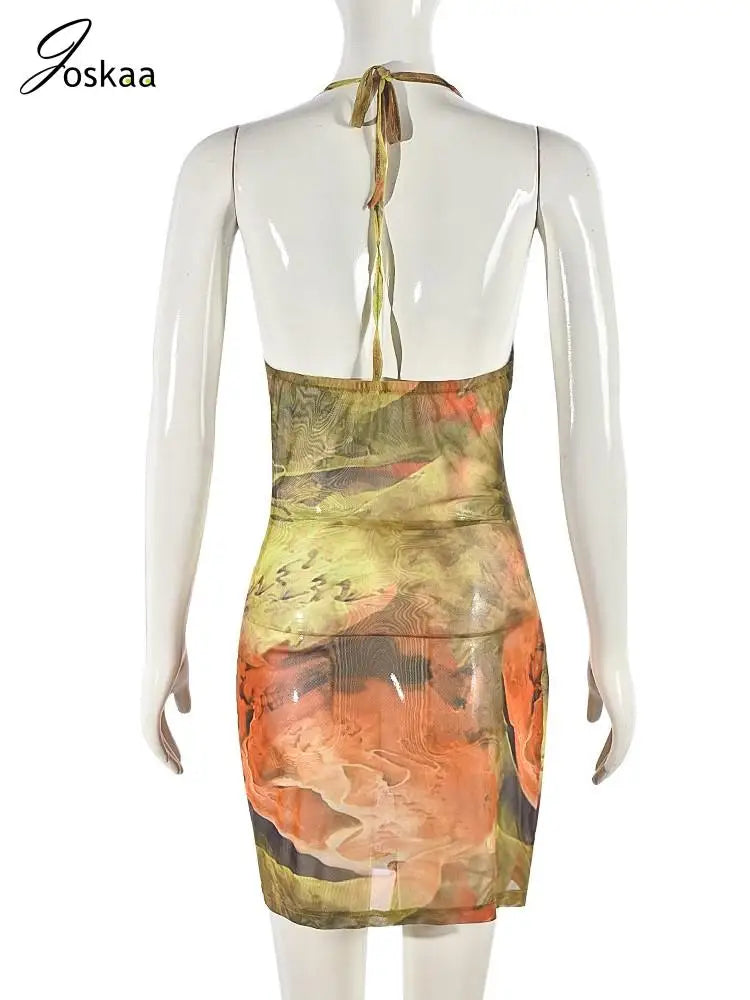 Women's Mesh Backless Cutout Halter Mini Dress Yellow – Detail View
