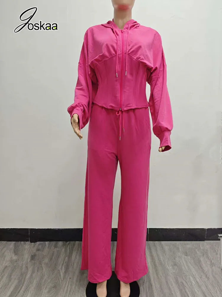 Women's Long Sleeve Zip Hooded Wide Two Piece Set Pink – Back View