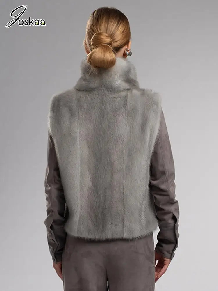 Women's Sleeveless Furry Vests High Jacket Gray – Side View