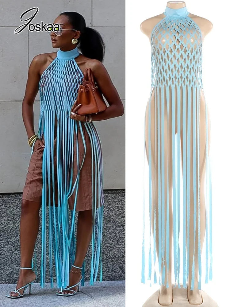 Women's Mesh Backless Cutout Halter Top Fishnet Tassel Tank - Women's Fashion Wholesale - Front View