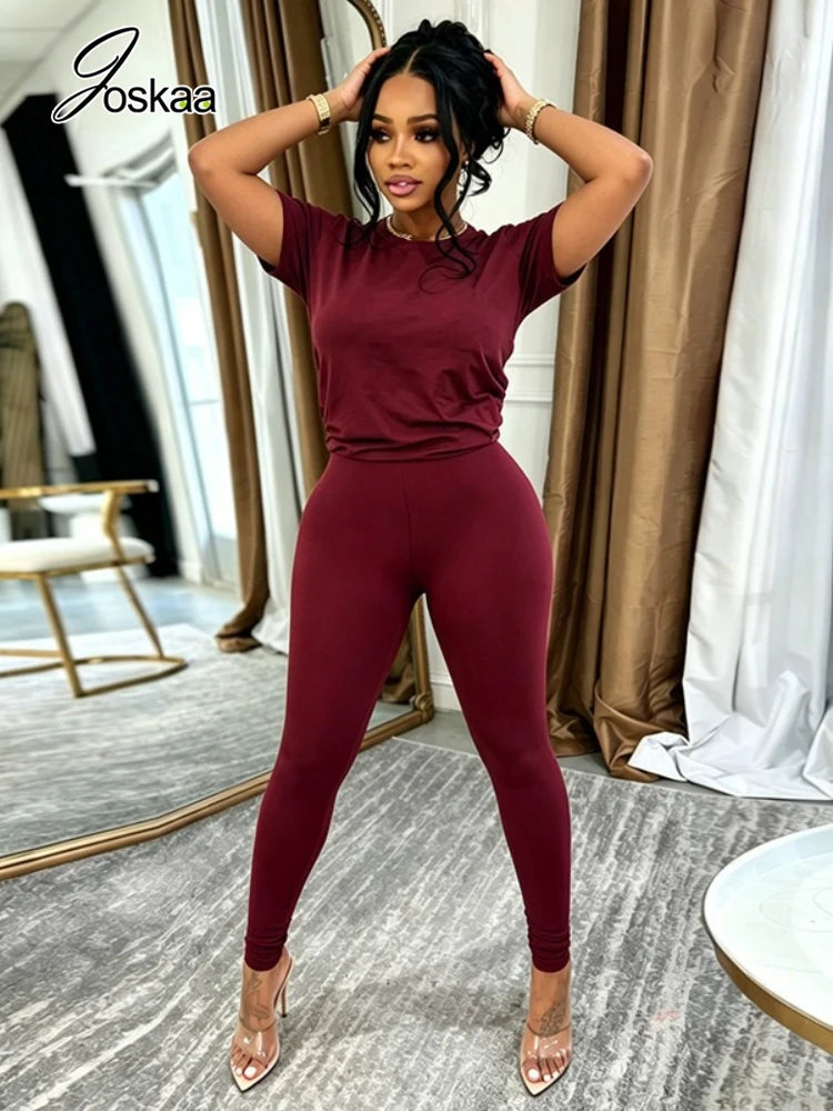 Women's Short Sleeve Solid Round Neck Two Piece Set Dark Blue – Side View