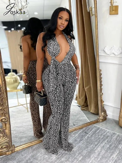 Women's Leopard Print Mesh Backless Romper Apricot – Side View