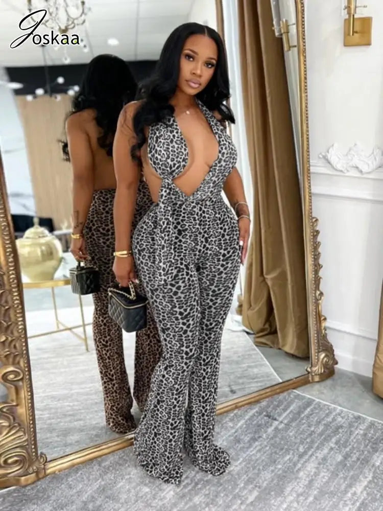 Women's Leopard Print Mesh Backless Romper Apricot – Side View