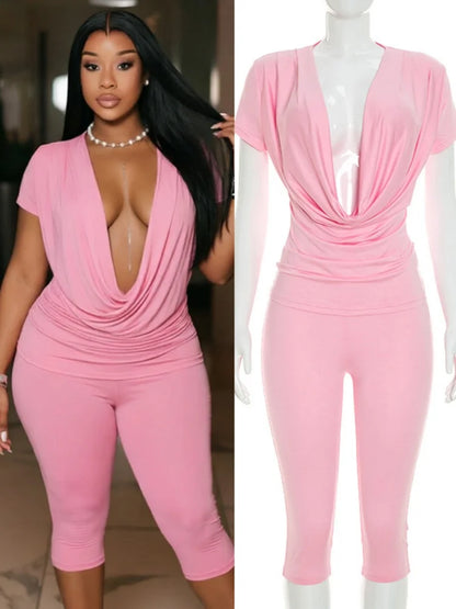 Women's Ruched V-neck Bodycon High Waist Two Piece Set - Additional View 8