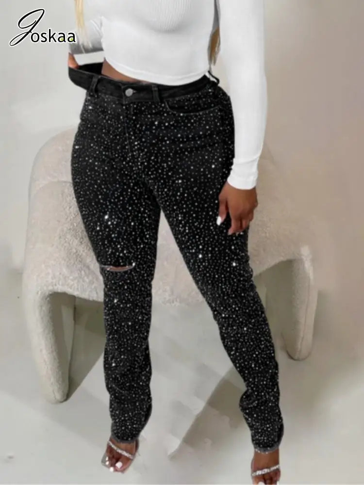 Wholesale Women's Rhinestone Denim Bodycon Pants Blue – Side View