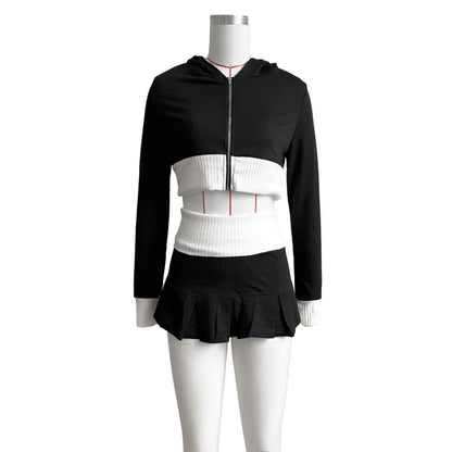 Women's Long Sleeve Zip Hooded Pleated Two Piece Set