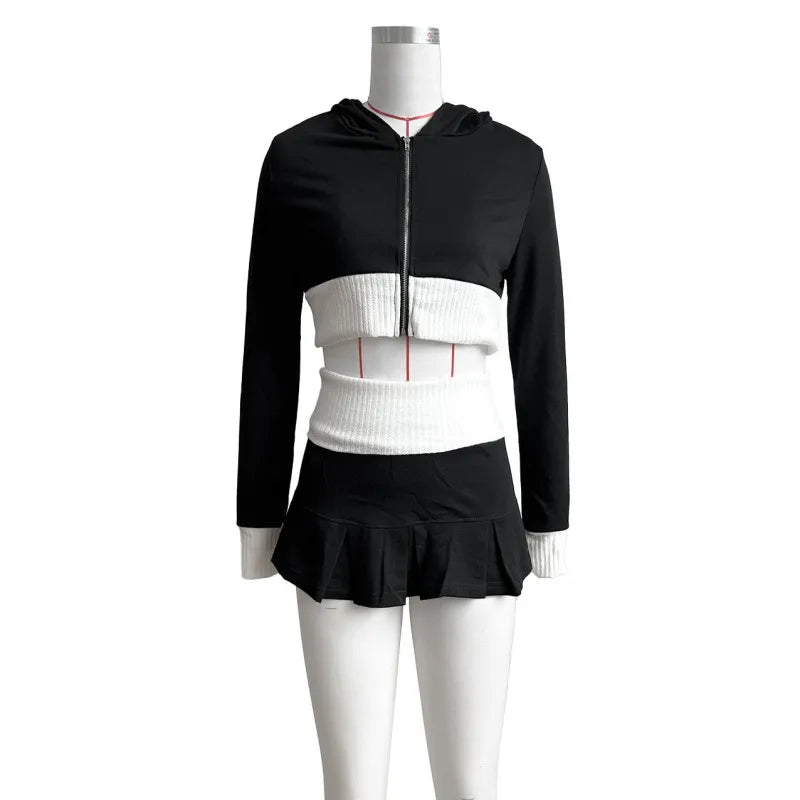 Women's Long Sleeve Zip Hooded Pleated Two Piece Set