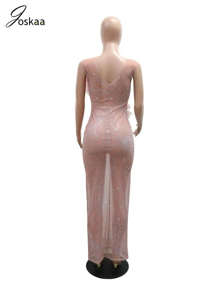 Women's Floral Print Mesh Sleeveless Maxi Dress Pink – Detail View