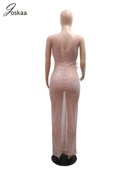 Women's Floral Print Mesh Sleeveless Maxi Dress Pink – Detail View