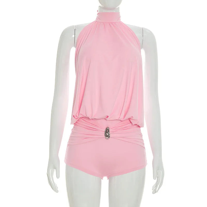 Women's Lace Ruched Backless Halter Romper - Detail View 10