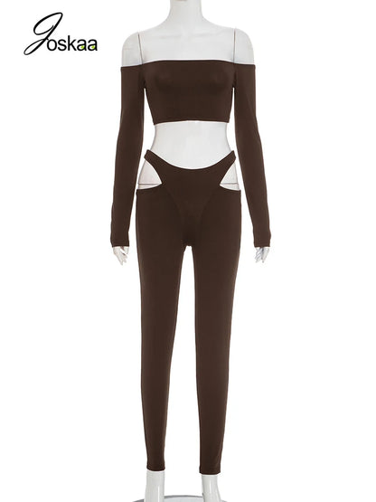 Women's Cutout Long Sleeve Crop Two Piece Set Black – Back View