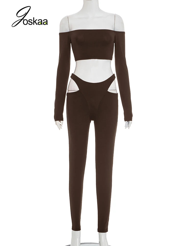 Women's Cutout Long Sleeve Crop Two Piece Set Black – Back View