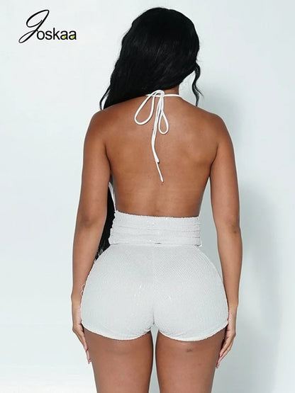 Women's Sequin Backless V-neck Halter Two Piece Set - Front View