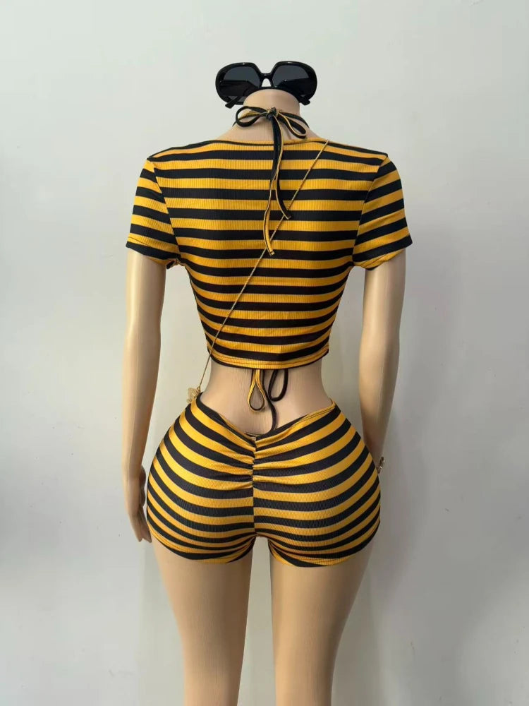Women's Short Sleeve Striped Halter Two Piece Set - Detail View 2