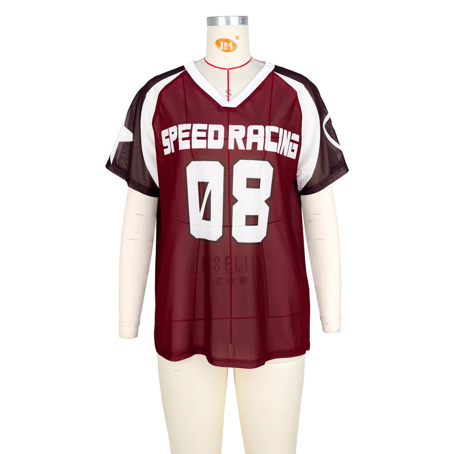 Joskaa Mesh Short Sleeve Top Letter Print Oversized - top image 9
