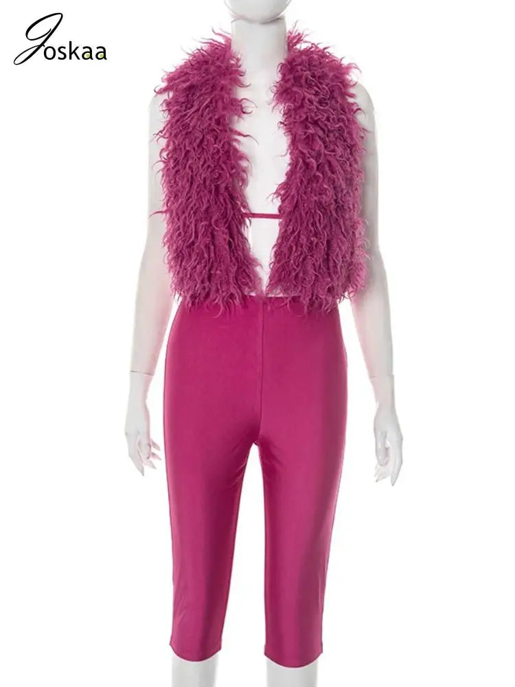 Women's Halter Faux Fur Tie-up Two Piece Set Purple – Back View
