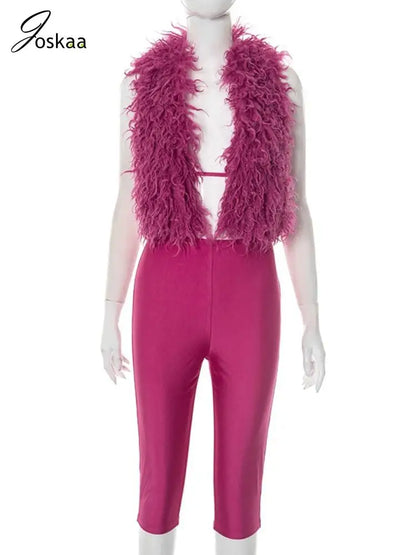 Women's Halter Faux Fur Tie-up Two Piece Set Purple – Back View