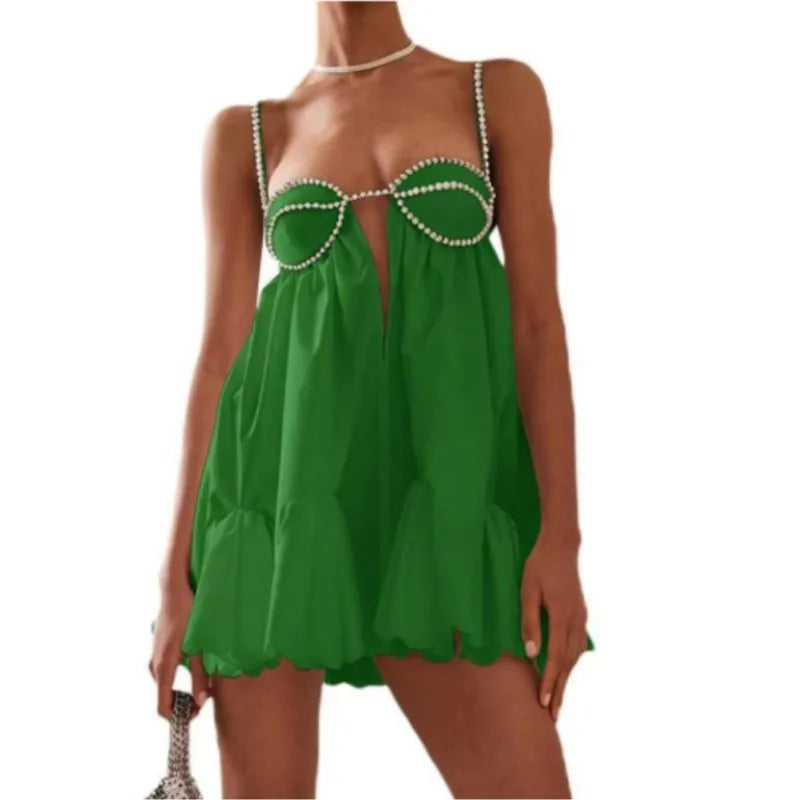 Women's Rhinestone Trim Spaghetti Strap Mini Dress