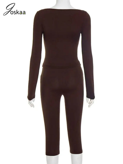 Wholesale Women's Long Sleeve Crop Two Piece Set Brown – Detail View
