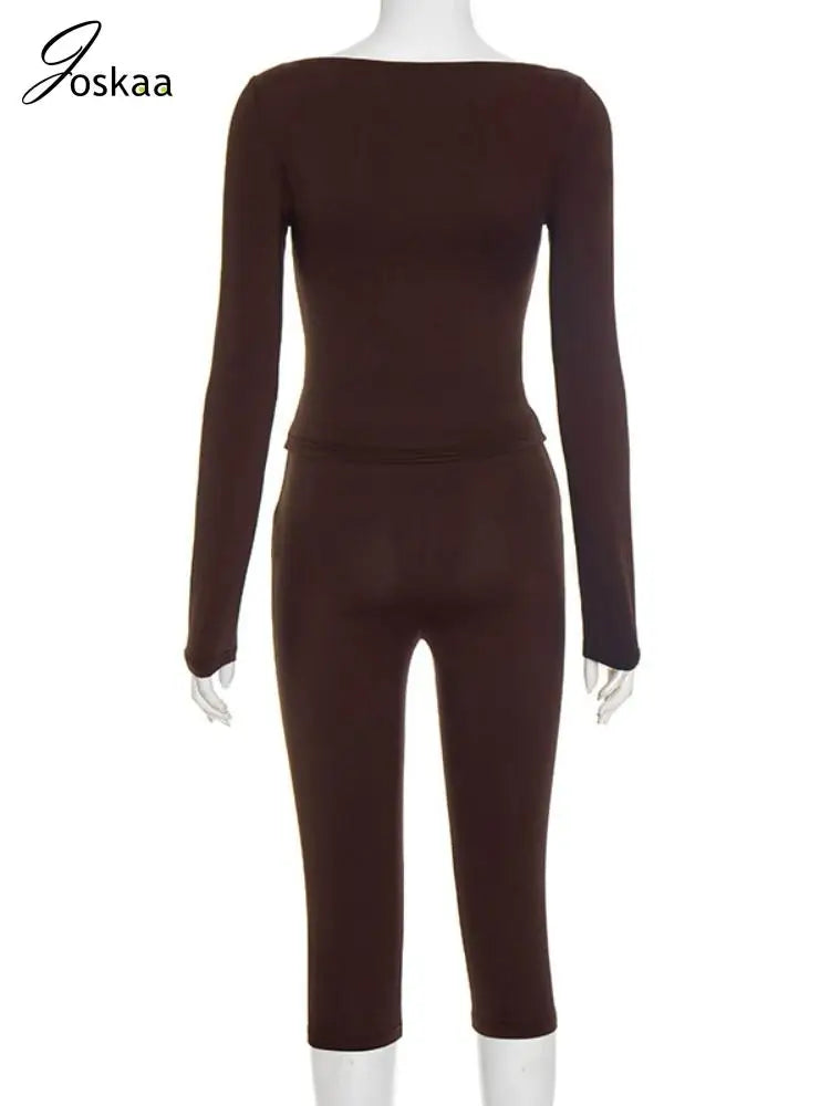 Wholesale Women's Long Sleeve Crop Two Piece Set Brown – Detail View