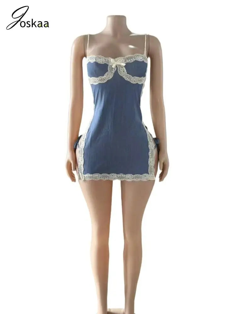 Women's Lace Sleeveless Splice Spaghetti Strap Mini Dress Blue – Back View