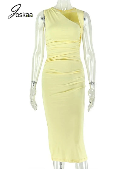 Women's Yellow Ruched Sleeveless Bodycon Dress - Detail View 3