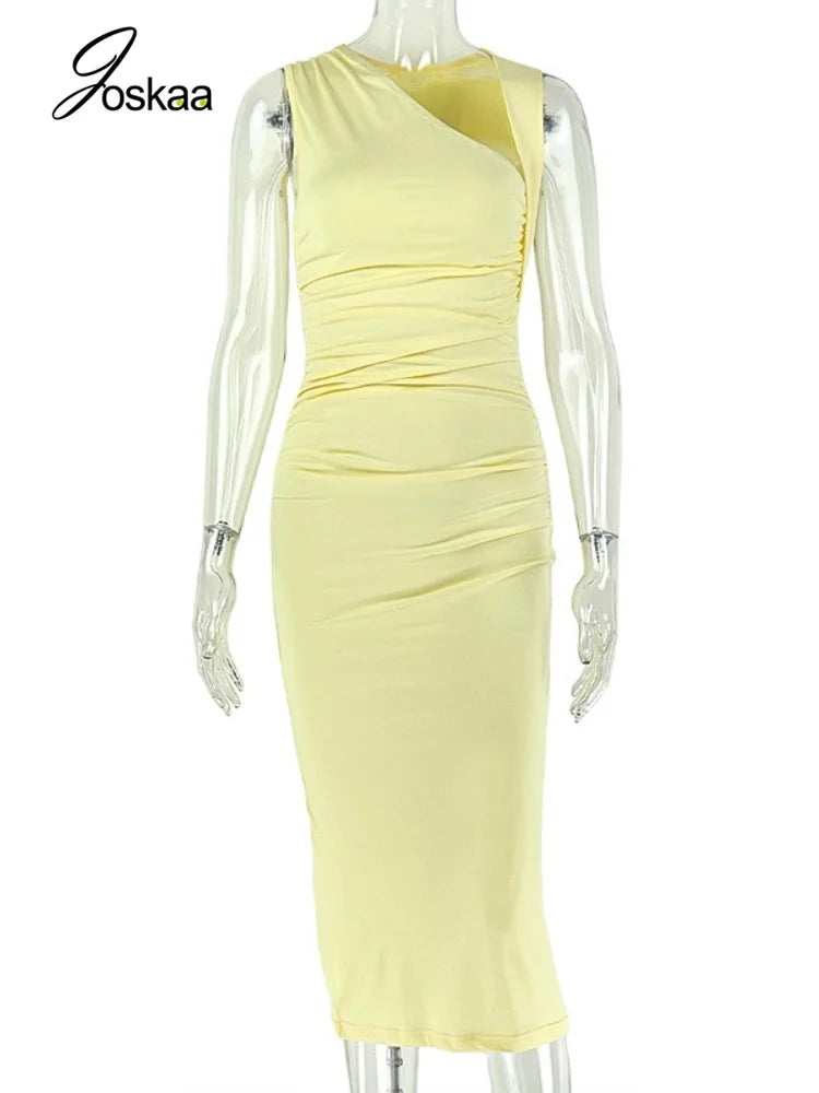 Women's Yellow Ruched Sleeveless Bodycon Dress - Detail View 3