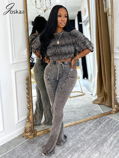 Women's Ruched Long Sleeve Crop Two Piece Set Apricot – Front View