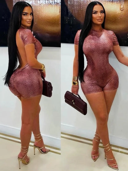 Women's Leopard Print Ruched Backless Bodycon Romper - Detail View 7