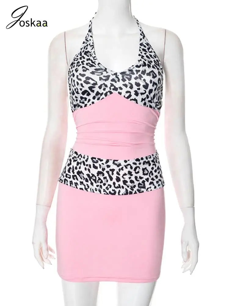Women's Leopard Print Lace Ruched Mini Dress Pink – Back View