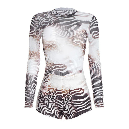 Women's Leopard Print Zebra Print Mesh Long Sleeve Two Piece Set - Additional View 7