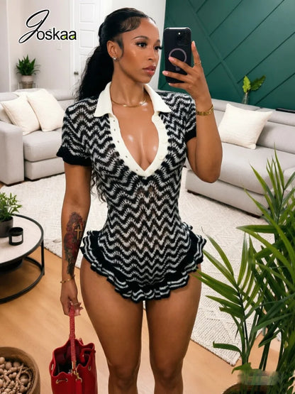 Women's Striped Ribbed Knit Bodycon Romper - Side View
