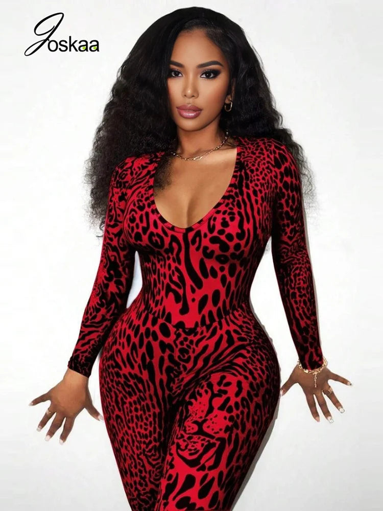 Women's Leopard Print Backless Long Sleeve Romper Red – Front View