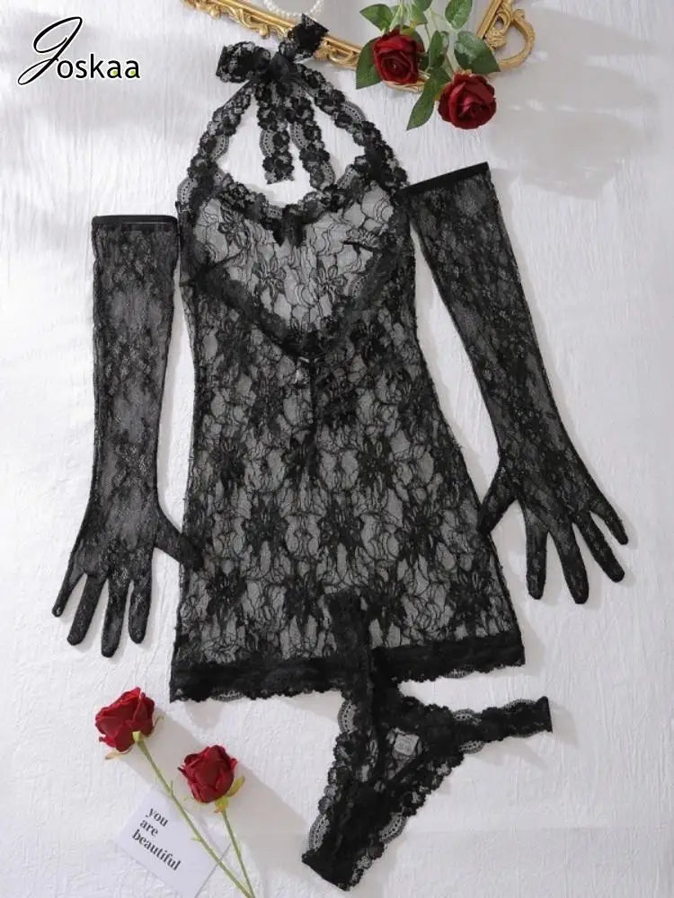 Wholesale Women's Lace Halter Mini Two Piece Set Black – Detail View