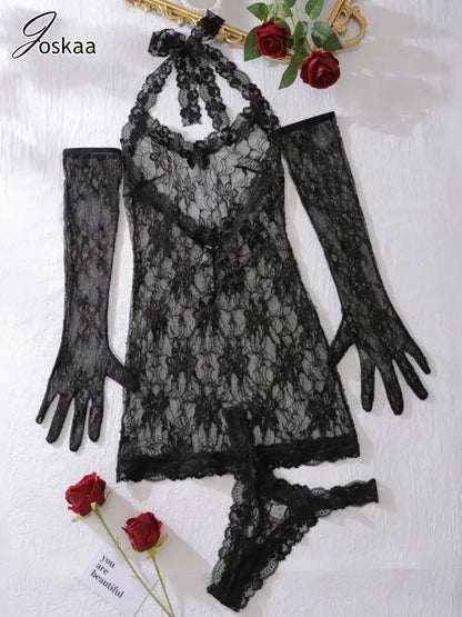 Wholesale Women's Lace Halter Mini Two Piece Set Black – Detail View