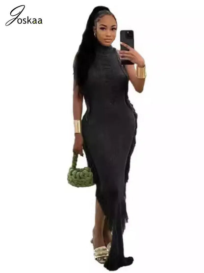 Women's Knit Ribbed Tassels Irregular Bodycon Dress White – Detail View