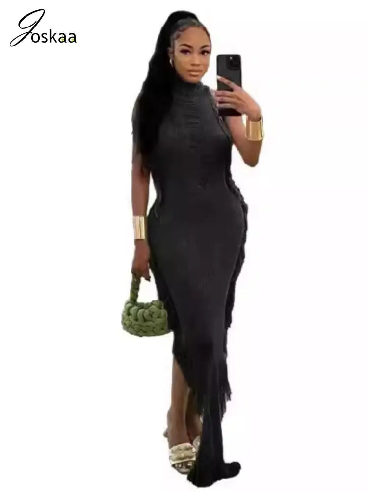 Women's Knit Ribbed Tassels Irregular Bodycon Dress White – Detail View